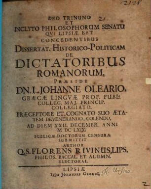 Diss. hist. pol. de dictatoribus Romanorum