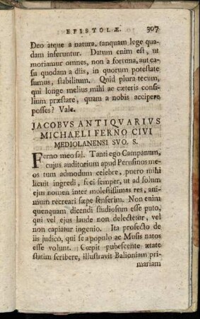 Jacobus Antiquarius Michaeli Ferno Civi Mediolanensi SVO. S.