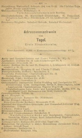 Adressennachweis von Tegel. Kreis Niederbarnim