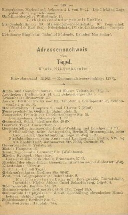 Adressennachweis von Tegel. Kreis Niederbarnim