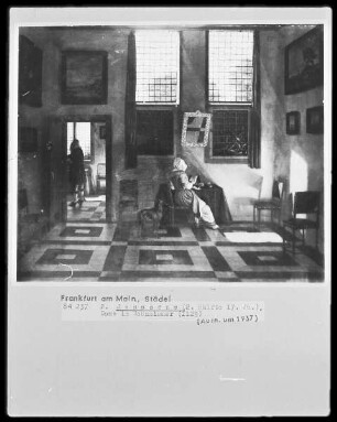 Interieur mit Maler, lesender Dame und kehrender Magd
