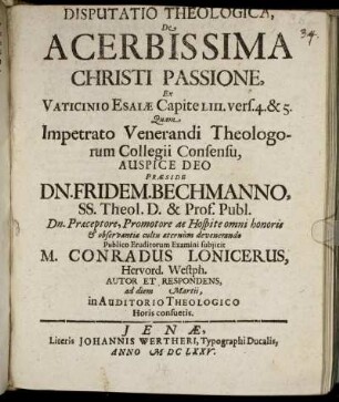 Disputatio Theologica, De Acerbissima Christi Passione, Ex Vaticinio Esaiae Capite LIII. vers. 4. & 5.