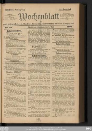 Wochenblatt für Bad Schmiedeberg, Pretzsch, Kemberg, Dommitzsch und die Umgegend, Nr. 55 Schmiedeberg Sonnabend den 9. Juli