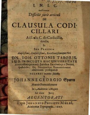 Diatypōsis Difficilis iuris articuli De Clausula Codicillari : Ad l. ult. C. de Codicillis directa