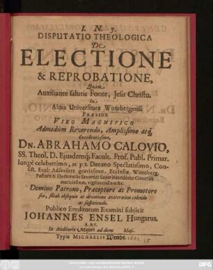 Disputatio Theologica De Electione & Reprobatione