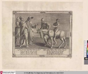 [Der Junge sitzt auf dem Esel, der Vater geht nebenher; The boy sits on the donkey, the father goes alongside]