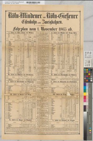 Köln-Mindener und Köln-Gießener Eisenbahn nebst Zweigbahnen. Fahrplan vom 1. November 1865 ab. Druck von M. DuMont-Schauberg in Köln