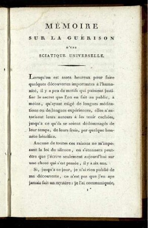 Mémoire Sur La Guérison D'Une Sciatique Universelle