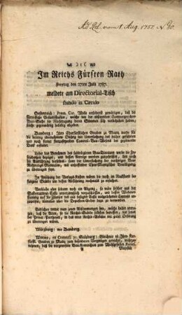 Im Reichsfürstenrath : ... Fortsetzung des Protokolls, 1787