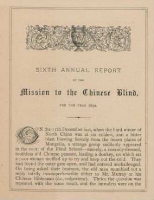 Sixth annual report of the Mission to the Chinese Blind, for the year 1892