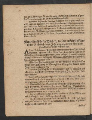 Verzeichnüß derer Bücher/ welche in Leipzigischer Oster-Messe dieses 1658. Jahr ausgangen/ und nicht nach Franckfurt an Mayn kommen seyn.