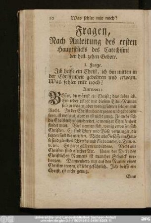 Fragen, Nach Anleitung des ersten Hauptstücks des Catechismi der heil. zehen Gebote.