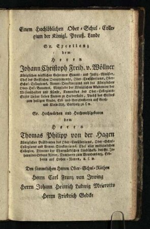 Einem Hochlöblichen Ober- Schul- Collegium der Königl. Preuß. Lande ...