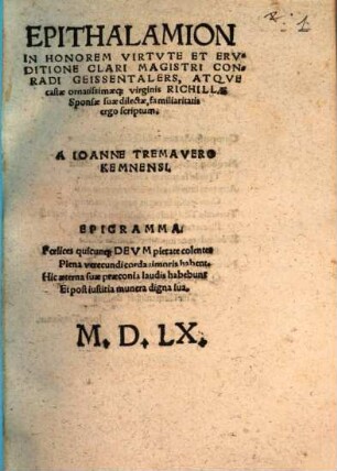 Epithalamion in honorem ... Conr. Geissentalers ... Scriptum