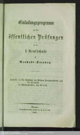 1859/60: Einladungsprogramm zu den öffentlichen Prüfungen an der Realschule zu Neustadt-Dresden