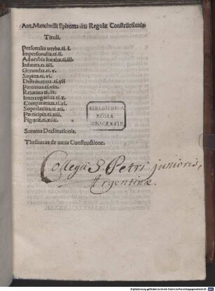 Epitoma seu regulae constructionis : mit Widmungsbrief des Autors an Nicolaus Rubeus, Venedig 30.9.1492, und mit einem Verzeichnis seiner Werke