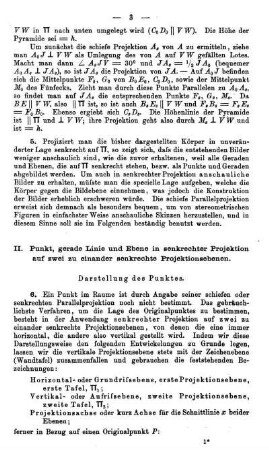 II. Punkt, gerader Linie und Ebene in senkrechter Projektion auf zwei zu einander senkrechte Projektionsebenen.