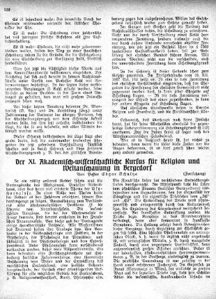 Der XI. Akademisch-wissenschaftliche Kursus für Religion und Weltanschauung in Bergedorf