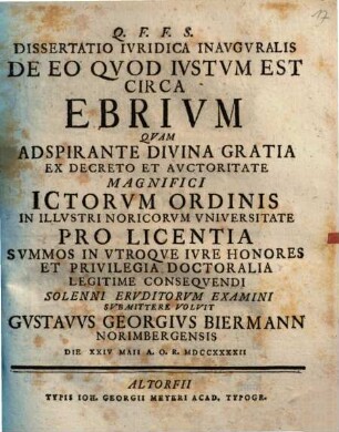 Dissertatio Ivridica Inavgvralis De Eo Qvod Ivstvm Est Circa Ebrivm