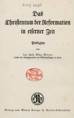 Das Christentum der Reformation in eiserner Zeit : Predigten
