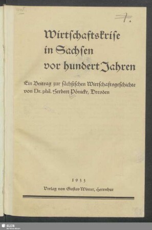 Wirtschaftskrise in Sachsen vor hundert Jahren : ein Beitrag zur sächsischen Wirtschaftsgeschichte
