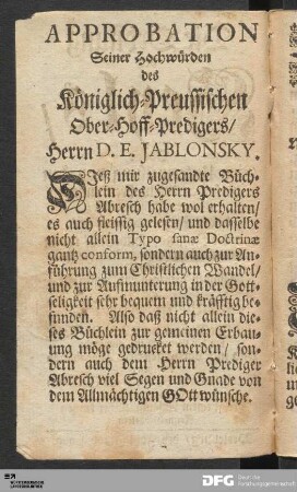 Approbation Seiner Hochwürden des Königlich-Preussischen Ober-Hoff-Predigers/ Herrn D. E. Jablonsky.