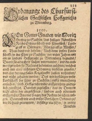 Ordenunge des Churfürstlichen Sechsischen Hoffgerichts zu Wittemberg. 1550.