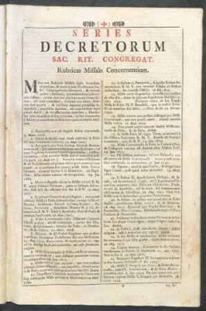 Series Decretorum Sac. Rit. Congregat. Rubricas Missalis Concernentium