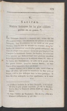 V. Satires. Notices littéraires sur les plus célèbres poetes en ce genre