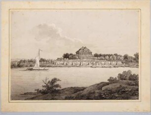 Das Schloss Übigau an der Elbe bei Dresden, 1726 gebaut und von August dem Starken erworben, Blick von Südosten aus dem Ostragehege über die Elbe