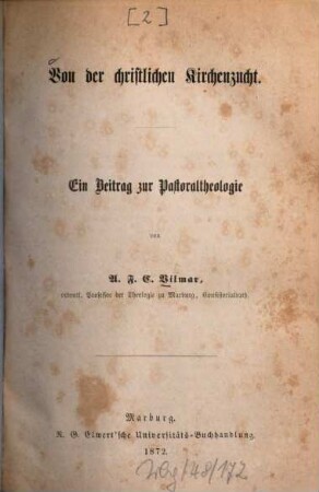 Von der christlichen Kirchenzucht : e. Beitr. zur Pastoraltheol.