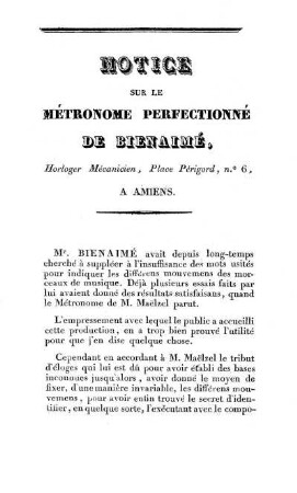 Notice sur le métronome perfectionné de Bienaimé
