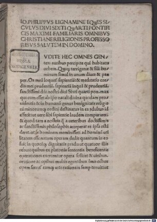 Oratio in vitam et merita Bonaventurae : mit Widmungsvorrede des Autors an Kardinal Giuliano della Rovere und mit Vorrede von Johannes Philippus de Lignamine
