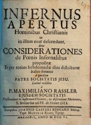Infernus Apertus Hominibus Christianis ut in illum non descendant. Sive Considerationes de Poenis Infernalibus