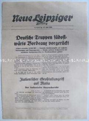 Extrablatt der "Neuen Leipziger Zeitung" u.a. über einen Angriff der italienischen Luftwaffe auf Malta