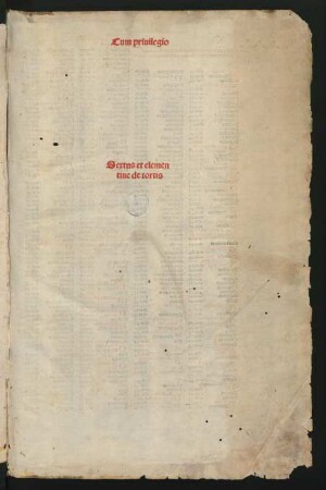 Liber sextus Decretalium. Daran: Clemens V., Papst: Constitutiones. Mit der Glosse des Johannes Andreae und den Summaria und Divisiones des Johannes Andreae, Dominicus de Sancto Geminiano und anderer. Am Anfang: Johannes Andreae: Super arboribus consanguinitatis et affinitatis. Am Ende: Decretales extravagantes communes selectae