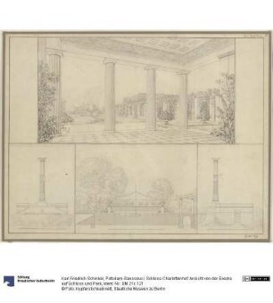 Potsdam-Sanssouci. Schloss Charlottenhof. Ansicht von der Exedra auf Schloss und Park