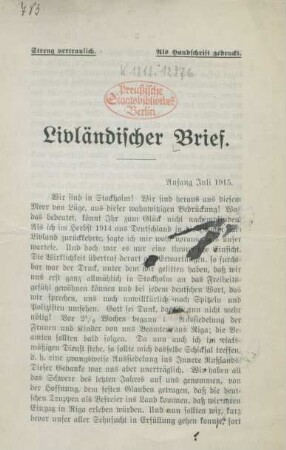 Livländischer Brief : Streng vertraulich