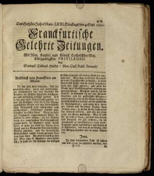 Num. LXXI. Dienstags den 4. Sept. 1741 - Num. LXXX. Freytags den 6. Octob. 1741