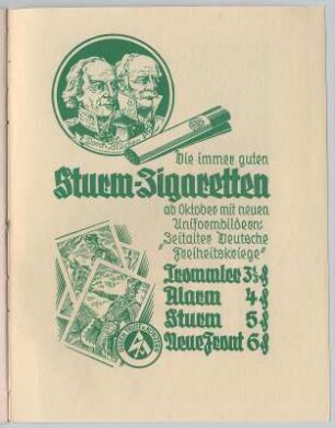 Reklame für Zigarettensorte STURM ZIGARETTEN mit Porträts von Yorck und Blücher. Umschlag Rückseite innen von Programmheft Sächsische Staatstheater, Schauspielhaus Dresden. 03.06.1933. Druck; 22,3 x 16,3 cm. Dresden: SLUB Z.4.8