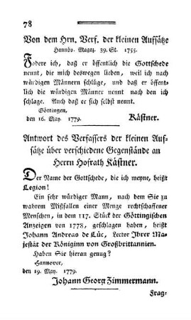 Antwort des Verfassers der kleinen Aufsätze über verschiedene Gegenstände an Herrn Hofrath Kästner.