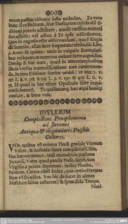 Idyllium Complectens Prosphonema ad Juvenes Antiquae & elegantoris Poesos Cultores