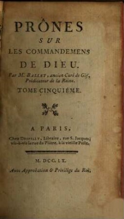 Prônes sur les Commandemens de Dieu, 5