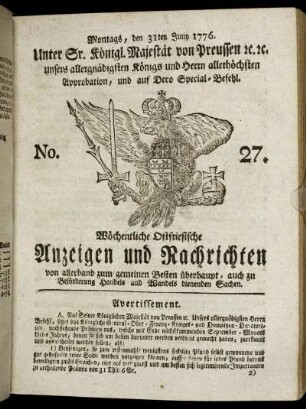 No. 27. Montags, den 31ten Juny 1776.