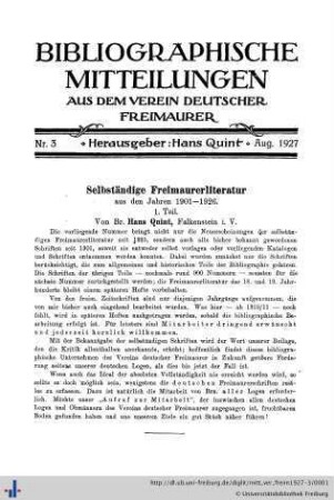 Nr. 3: Mitteilungen aus dem Verein Deutscher Freimaurer: Bibliographische Beilage
