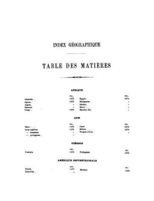 Index Géographique Table des Matières
