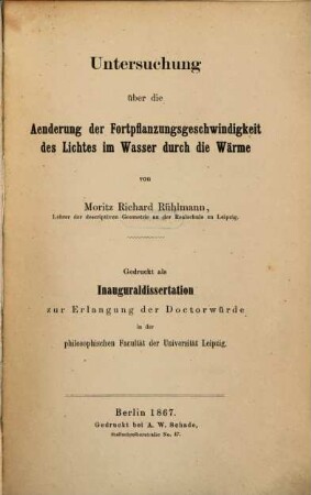Untersuchung über die Aenderung der Fortpflanzungsgeschwindigkeit des Lichtes im Wasser durch die Wärme