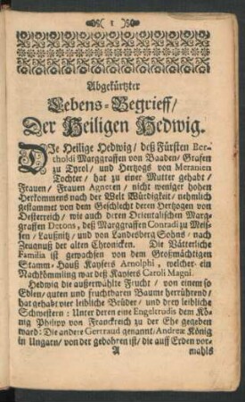 Abgekürtzter Lebens-Begrieff/ Der Heiligen Hedwig