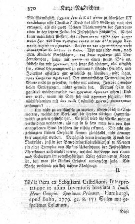 Biblia sacra, ex Sebastiani Castellionis interpretatione in usum iuventutis breviata.
