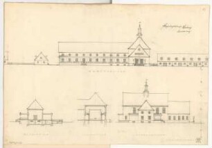 Kasino für eine Arbeiterkolonie Monatskonkurrenz Oktober 1912: Aufriss Vorderansicht, Seitenansicht, Querschnitt Längsflügel, Querflügel; Maßstabsleiste